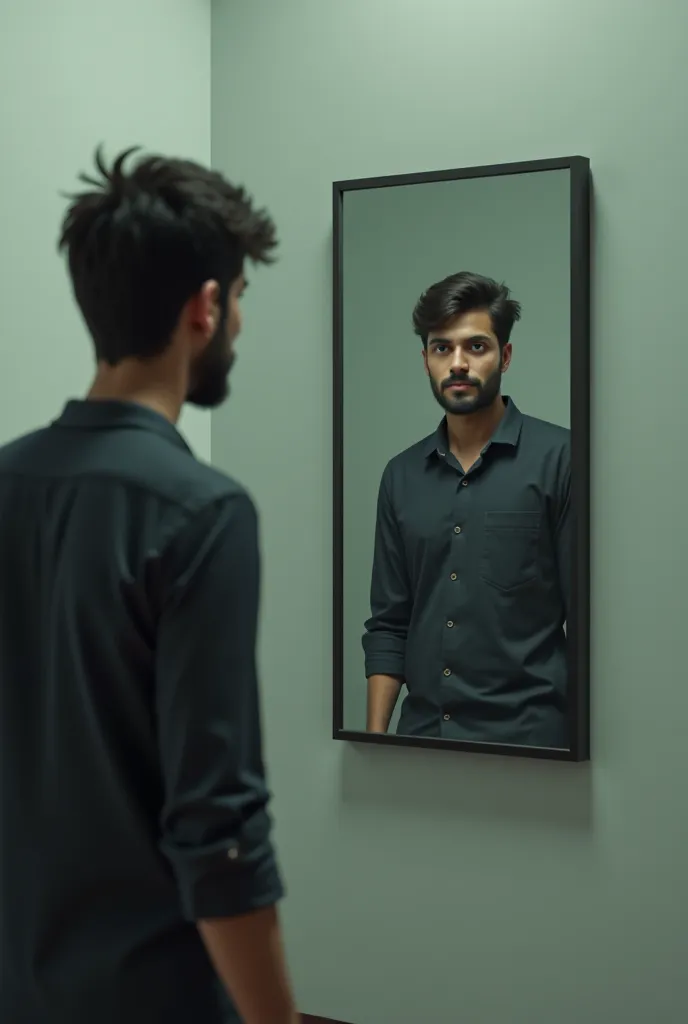 Image 2:

One day, he notices something strange in his mirror.
[Visual: Sohan stands in front of the mirror, staring with wide eyes as his reflection moves slightly out of sync with him.]