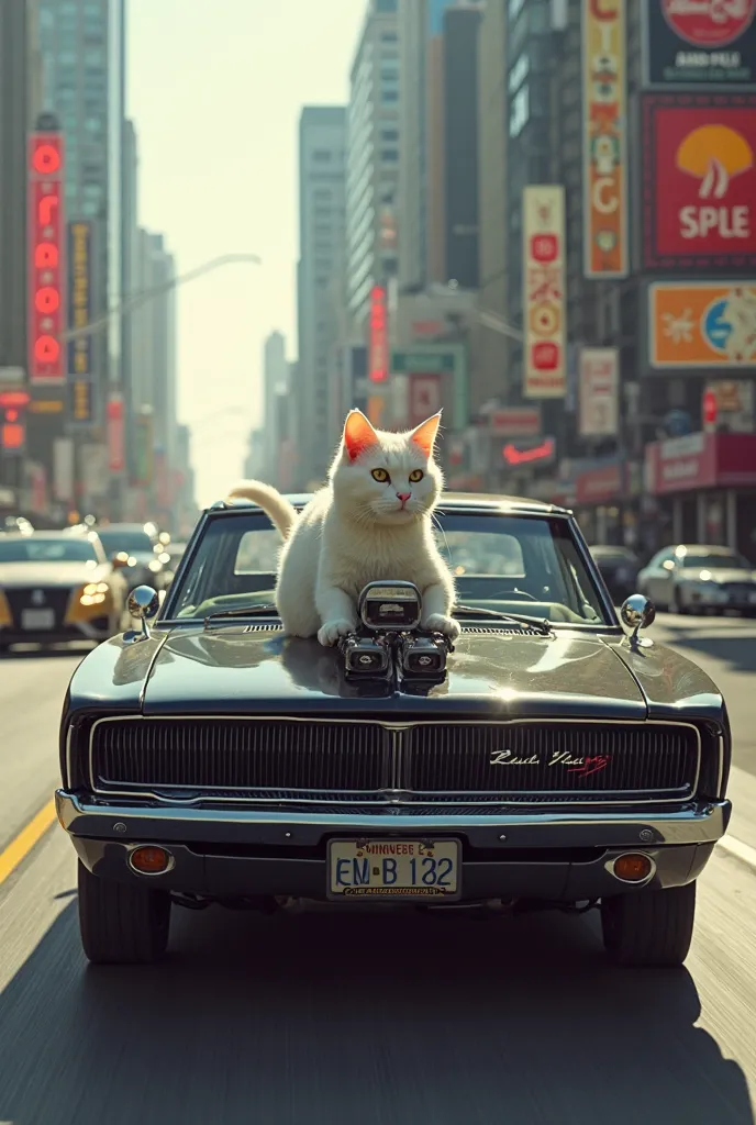 A white cat drives a black 1966 charger car on a trip to the city of Los Angeles.   Seen from the side