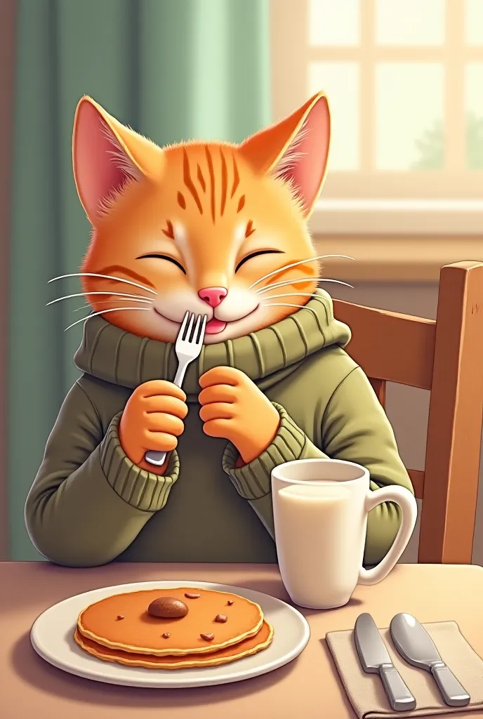 Scene 4: Eating Calmly

The cat changes into a cozy sweater and sits at a perfectly set table.

It picks up a fork and gently cuts into a pancake.

Eyes closing, it takes a slow, satisfied bite, purring softly.

The cat sips its milk, tail wrapped neatly a...