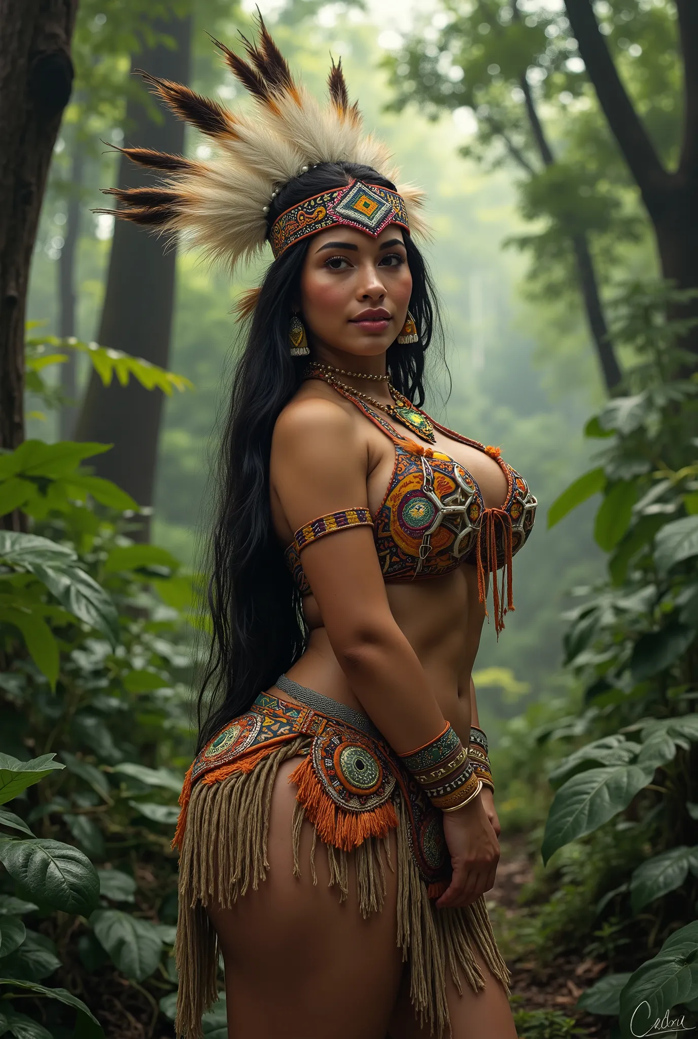 Latin girl like an indigenous North American, typical indigenous clothing, in a forest ((Bimbo))