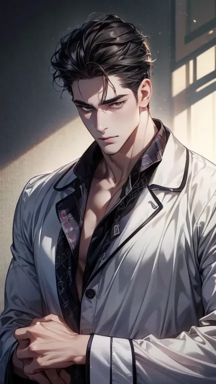 (  pajamas,4K,8k,  highres,  masterpiece:1.2),  ultra-detailed  ,(Realistic,photoRealistic,photo-Realistic:1.37),36-year-old man,3 day beard,cute anime ,Portraits,strong,masculine,   dark hair,sharp jaw,     mesmerizing eyes     ,  perfectly combed hair,  ...