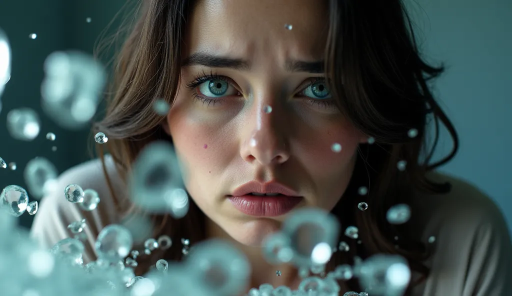 a woman in front of ,  crying with tears in her eyes ,  with glass splitting and lying around her .  Her facial features show deep sadness and despair ,  as the light breaks through the glittering glass fragments.  It is a very moving and intense scene .