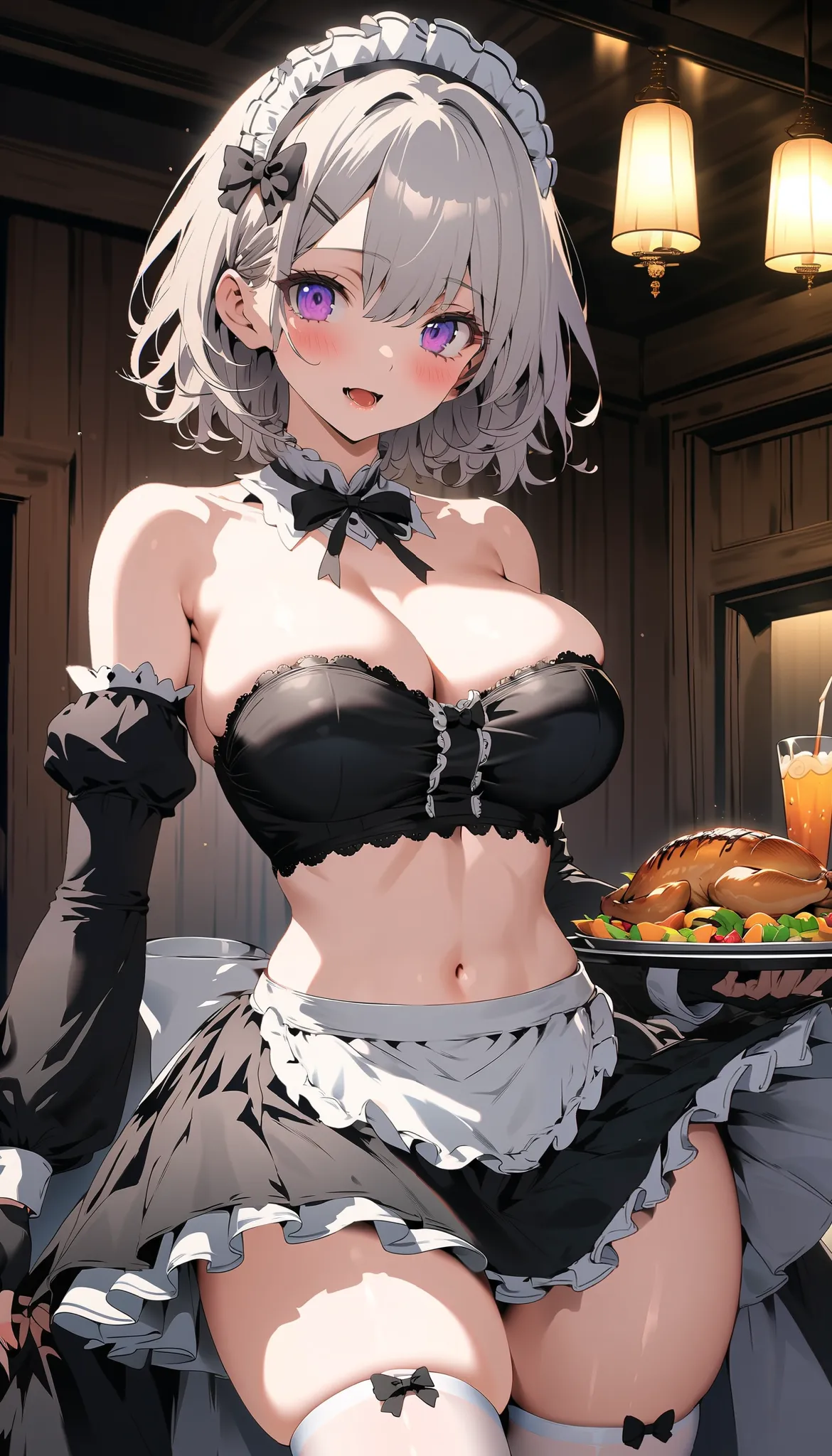 1girl, solo, , looking at viewer, blush, open mouth, short hair, hair ornament, dress, bow, navel, large breasts, standing, underwear, purple eyes, silver hair, thighs, frills, food, detached sleeves, black gloves, indoors, hairclip, fingerless gloves, clo...