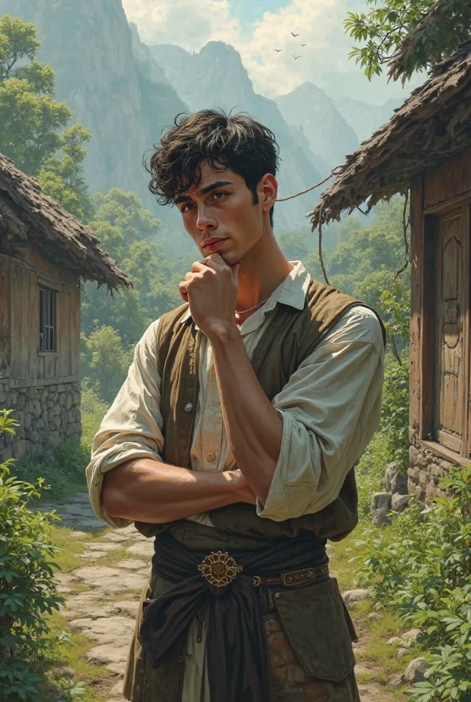 A young man thinking about his life one hand in below his face detailed image, he stand in a village were some small huts and evergreen environment 