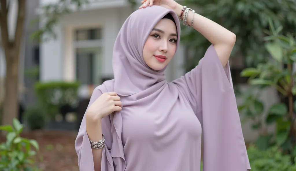 RAW, street photos, high resolution, masterpiece: 1.3), beautiful Malay woman in hijab (iu :0.8)beautiful Malay woman in hijab wearing modern youth Muslim clothing,big breasts, fashion muslim modern, flowing shawl  ,  Portrait photography ,  middle shot ph...