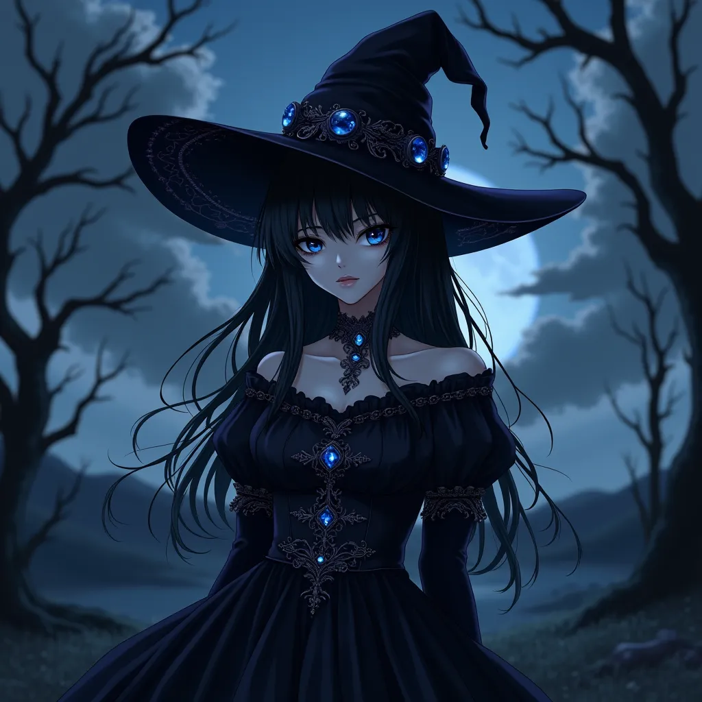 looking at the viewer, Gothic illustration, Baroque , anime style cartoon, dark fantasy,  1 woman, Madura,  melancholic expression , long hair, black hair, black witch hat with dark blue details, dressed with details in shiny stones simulating the night sk...