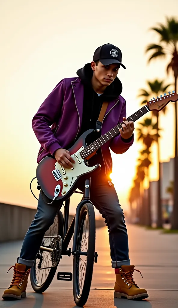 A young man in a purple jacket over a black hoodie, wearing a black cap with a logo, leans slightly forward in a striking pose while gripping a vintage-style bicycle modified into an electric guitar. His left hand presses firmly on the makeshift fretboard,...