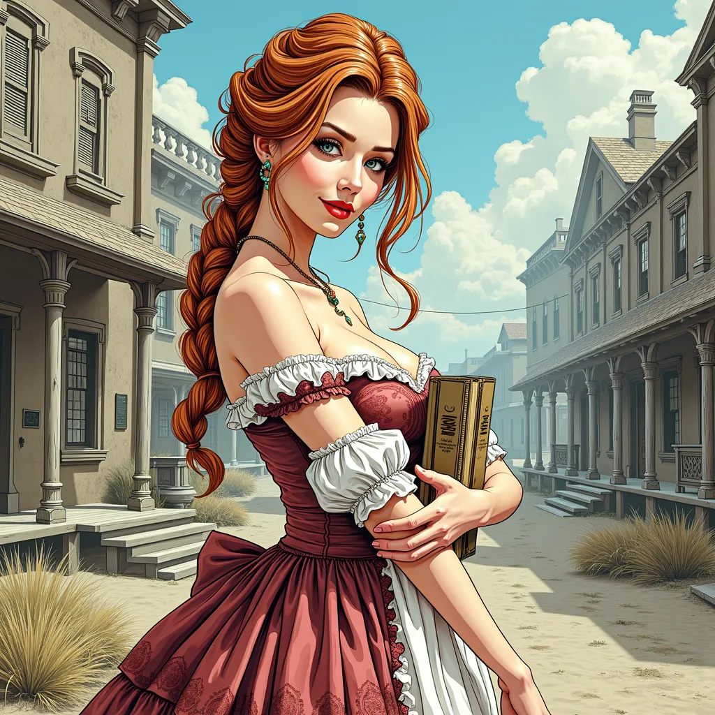 Beautiful Woman, Old West School Teacher, Full Lips, Auburn Hair Intricately But Loosely Braided. Deep_cleavage, Massive Chest. Detailed Beautiful Eyes, Pencil-Thin Waist, Wide Hips. Historically Accurate 1870s Old-West Frontier Dress. With Books. Gorgeous...