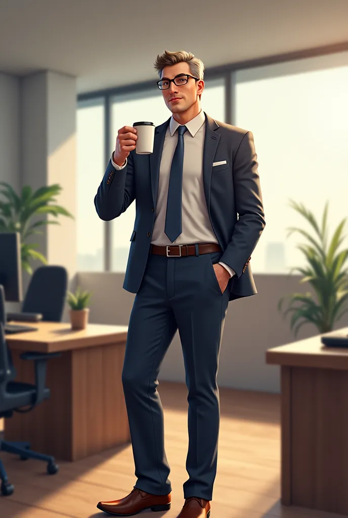 https://images.deepai.org/art-image/b8631a48098f4be8b5c1fd19a6099b78/tall-broad-shouldered-with-graying-brown-hair-and-sha.jp standing in an office, one hand in his pockets and the other hand holding his coffee 