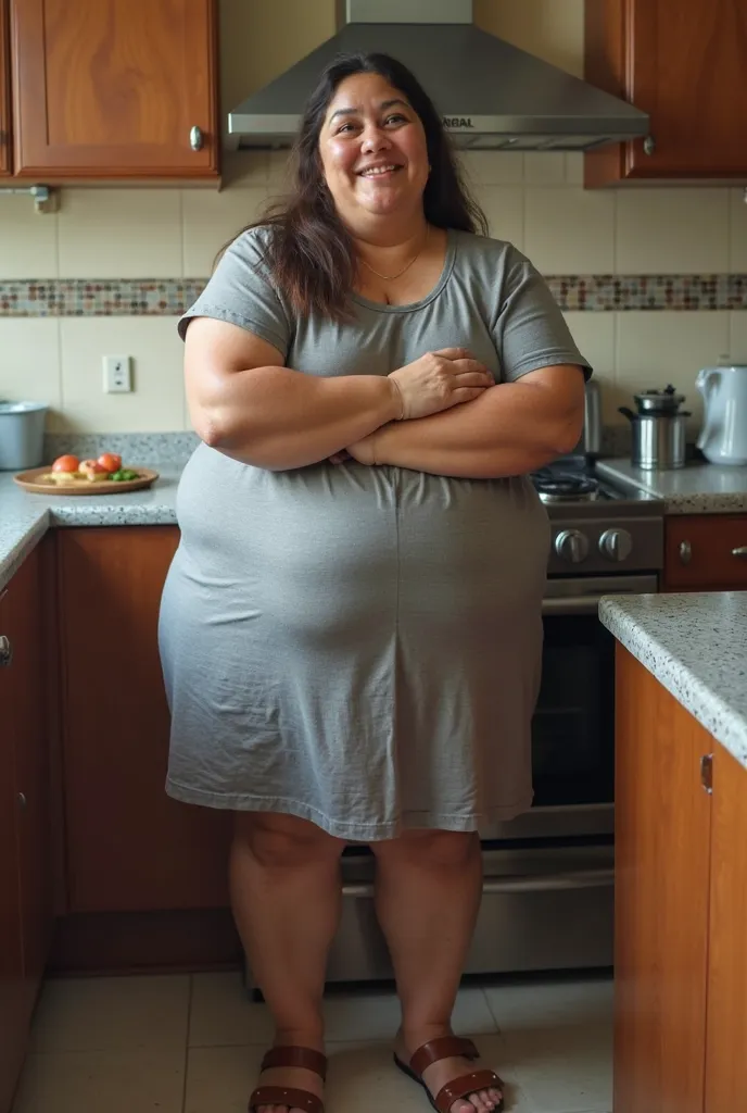 ultra realistic image, extreme realism, You can't tell that she is the, Beautiful 42 year old Dominican woman very flabby morbid Ssbw,  average height, Weight 350 kilos,long and very straight dark brown hair with a line in the middle, very dark and dark sk...