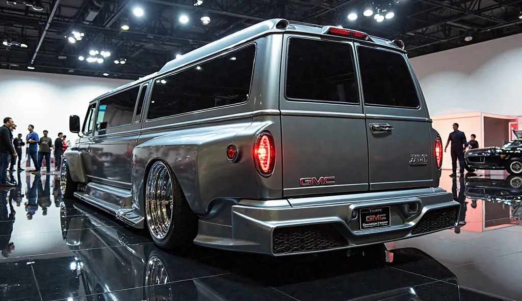  Back side highly customized real back GMC Savana 3500 Limousine with a futuristic and aggressive design. The Limousine should have a deep, glossy gray paint job with reflective surfaces. It features a wide-body kit, large air intakes, and a lowered stance...