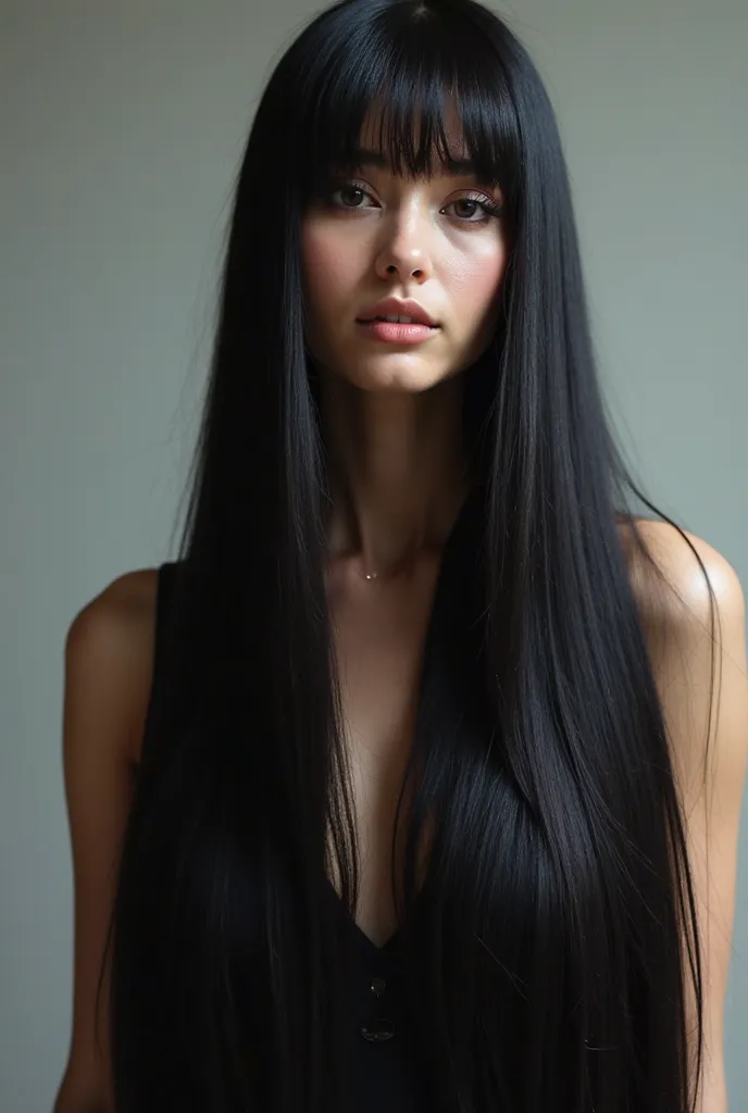 woman with long black hair down to the floor who is straighter and shinier and who shows her face her hair should attract more attention