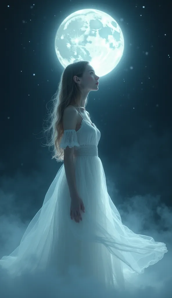 a beautiful ghost girl looking at the moon. wearing a white dress. she is glowing.