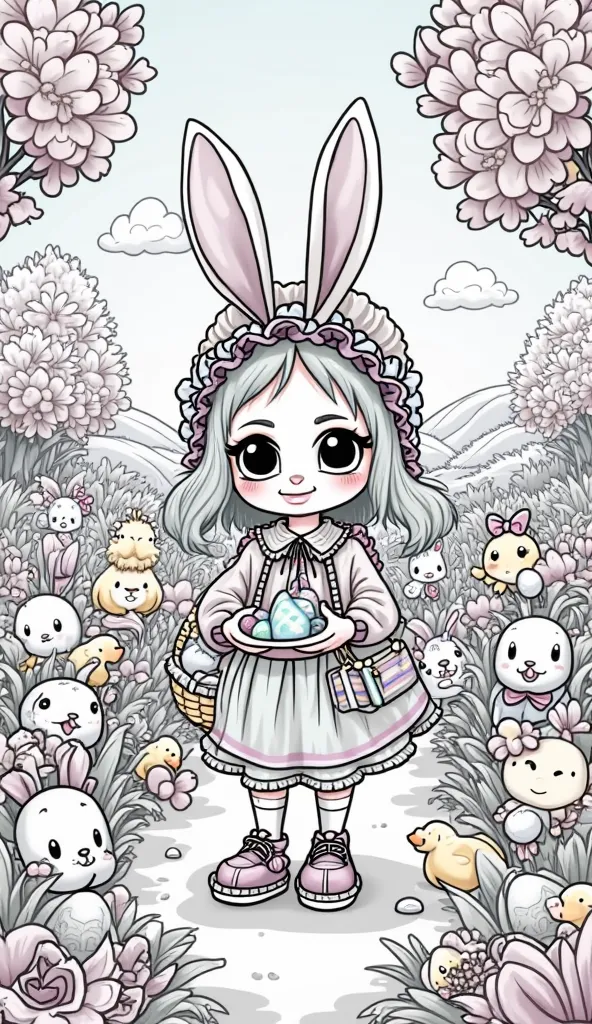 create a coloring book page for ren of easter parade of cute animals