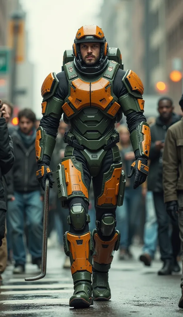 A hyper-realistic full-body photograph of a human version of Gordon Freeman, the iconic Half-Life character, walking through a busy street. His outfit features the classic dark green and orange HEV suit with a futuristic, yet realistic design, adapted to a...