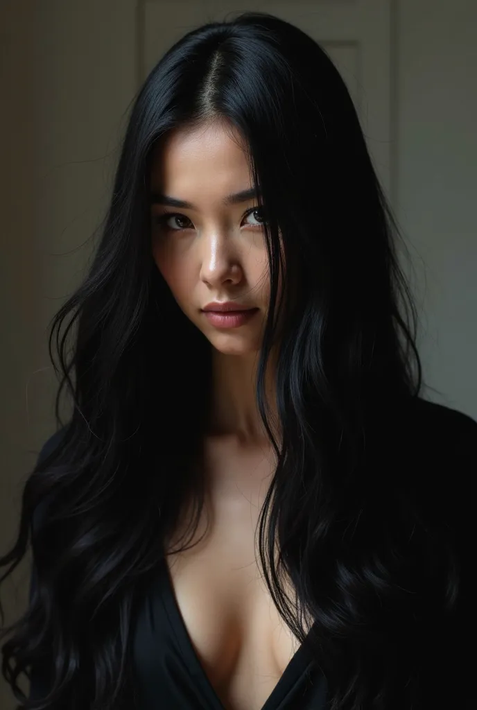 A woman with long, floor-length black hair who is straighter and shinier and who shows her face and who also manages her hair or shows it should attract more attention