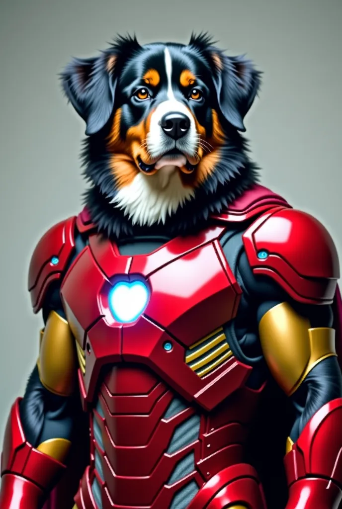 Superhero Bernese Mountain Dog very strong with bodybuilder appearance wearing Iron Man armor