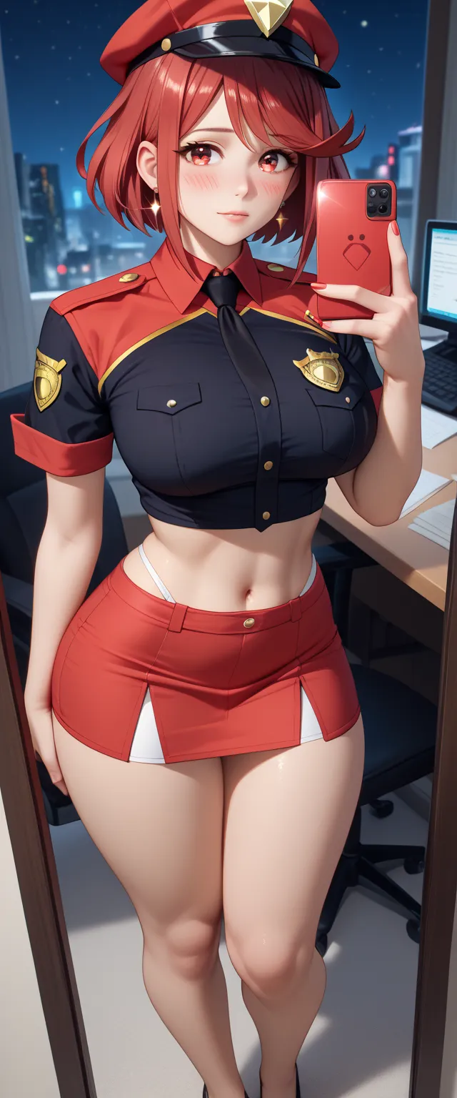 has, perfect lighting , beautiful and detailed eyes , (( masterpiece, 22 years old Best quality )) masterpiece, 4k, ultra detailed, cosplay de pyra, of foot, crystalline red eyes, Shiny hair, blushed , slightly large thighs, Slightly wide hips , looking at...