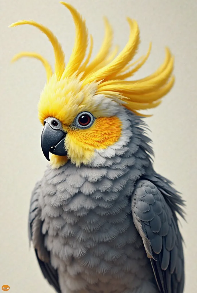 Make an image of a gray cockatiel with a fluffy yellow male in an adhesive aspect and put her name Dunga on it