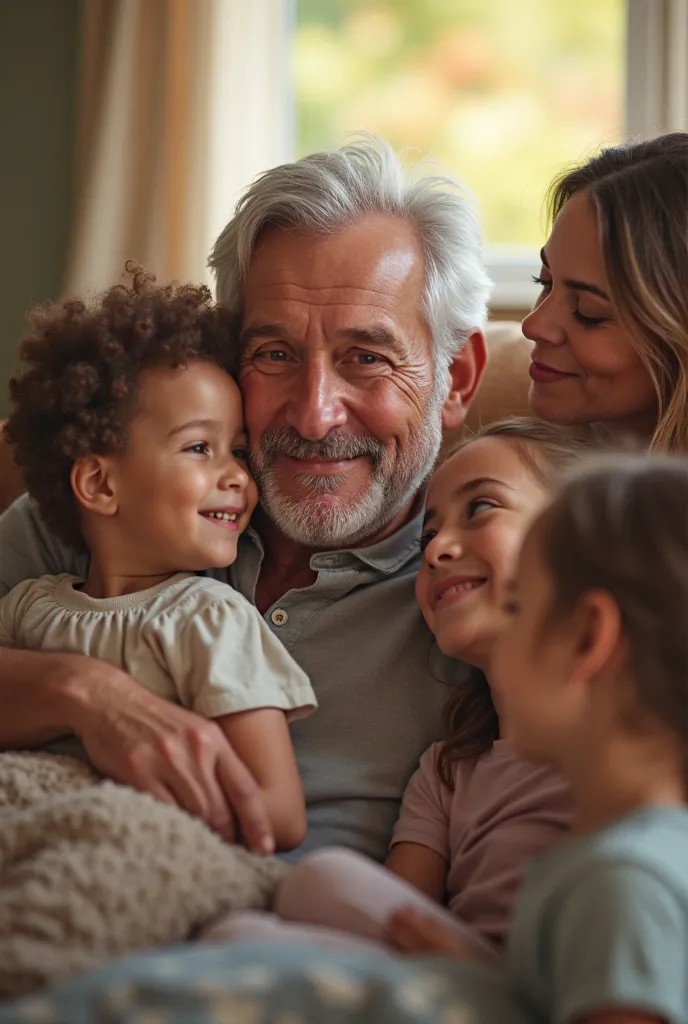 A man who is a dad who is wearing medicated hearing aids that is placed in his ear and who is with his family
