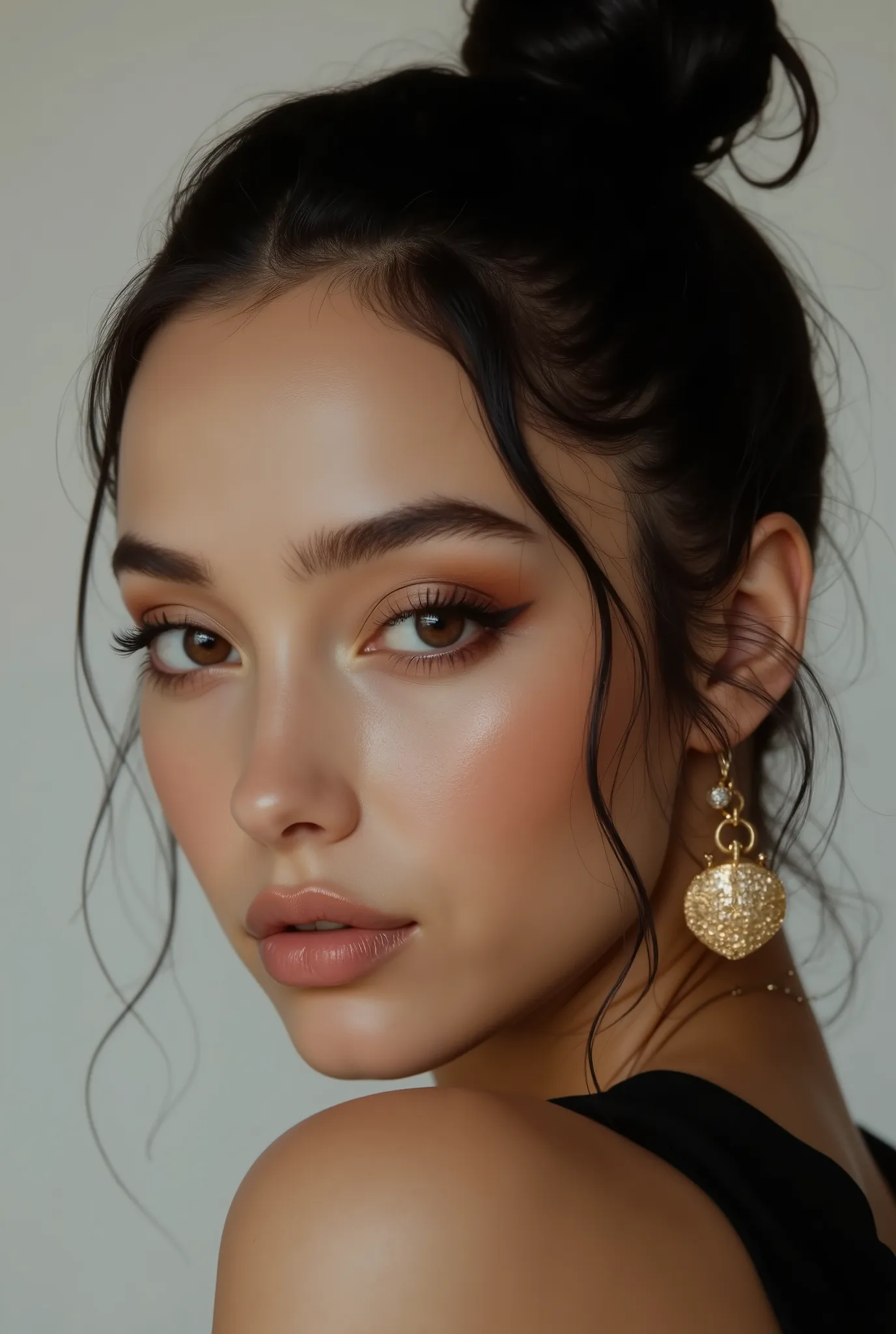  create a realistic portrait of a young woman in her 20s, bun hair, soft bright skin, and showing delicate facial features.  she has warm brown eyes, kind smile, And friendly,  friendly expression, her style is modern and fashionable, the elegant , Minimal...