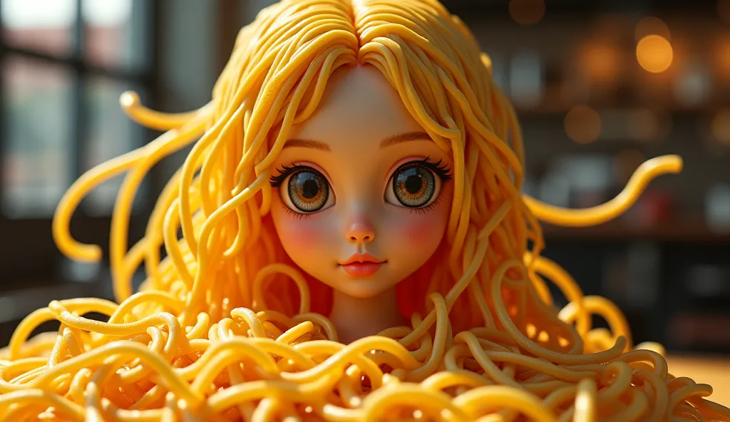 A hyper-realistic anime girl made of spaghetti, her hair flowing like soft pasta strands, detailed face crafted from intertwined noodles, warm golden tones. The entire body is made of pasta, giving a surreal and artistic look. Soft lighting, restaurant bac...