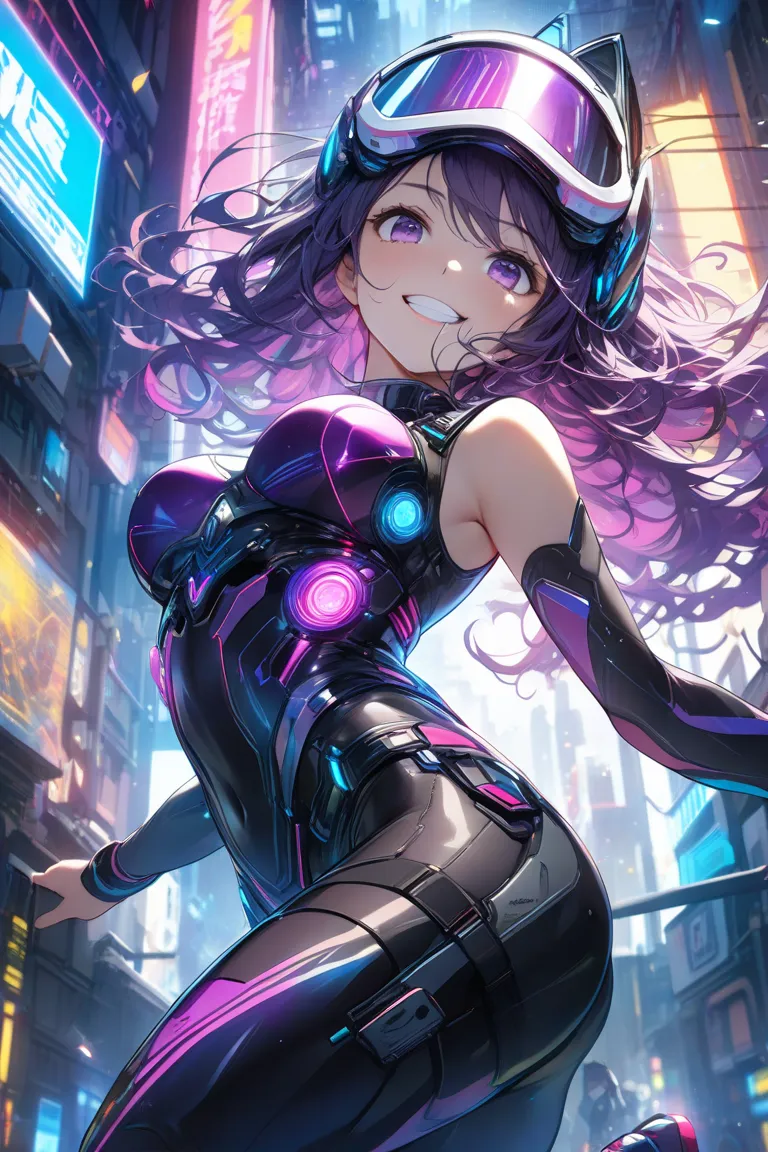 vivid lights flying around、 1girl 、bounces through a back alley crowded with futuristic buildings、Slanted Composition 、Radiation Pattern Map、blue super long wavy hair that sticks out your forehead flutters in the wind、running while sweating、metallic cyber ...