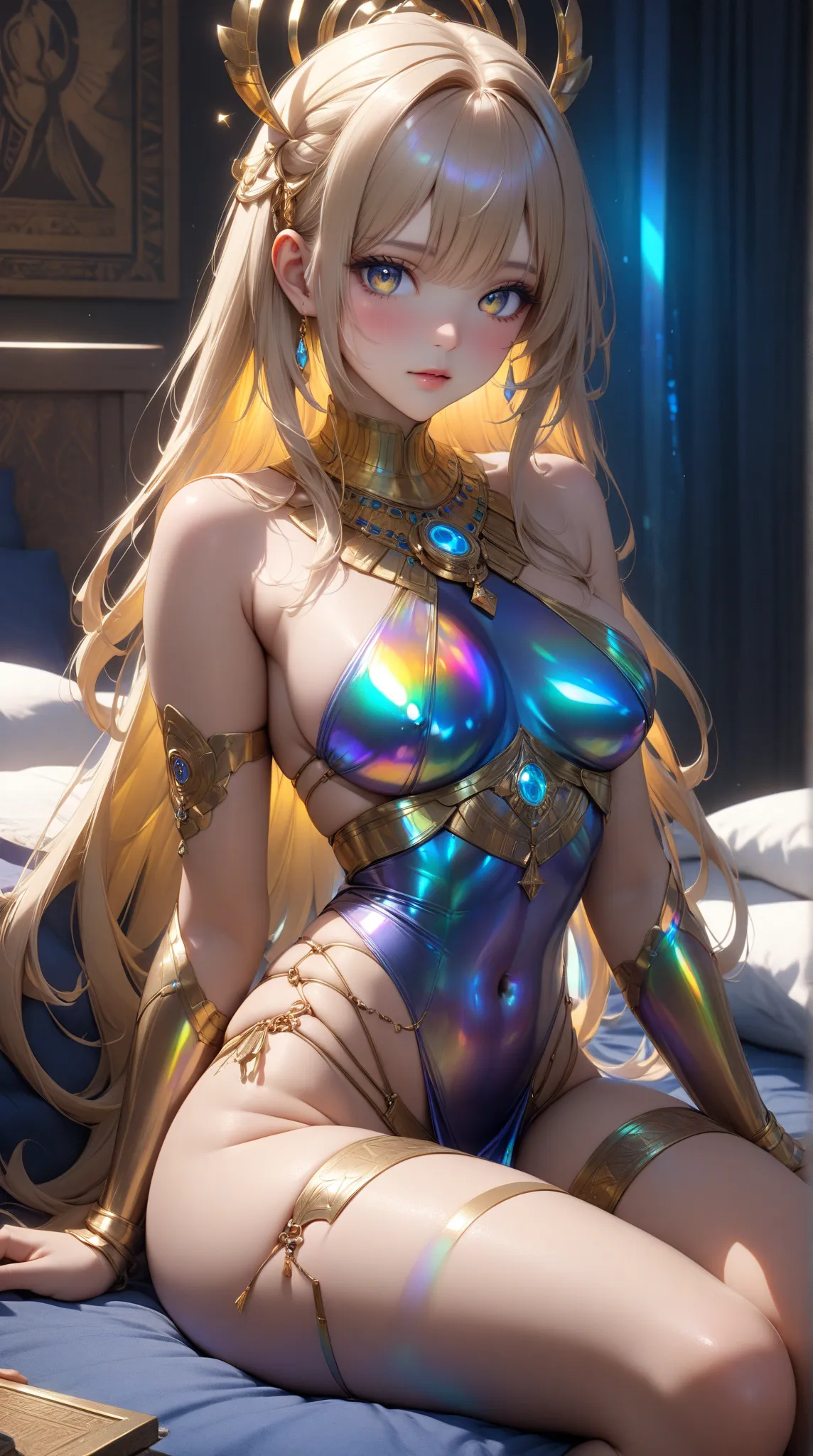 1girl, Aeonis Lumira, very long smooth straight vibrant golden hair with inner dark iridescent hair, majestic dark iridescent eyes, aesthetic toned body, beautiful perfect face, sitting in a room on bed wearing skimpy egyptian clothes, masterpiece, aesthet...