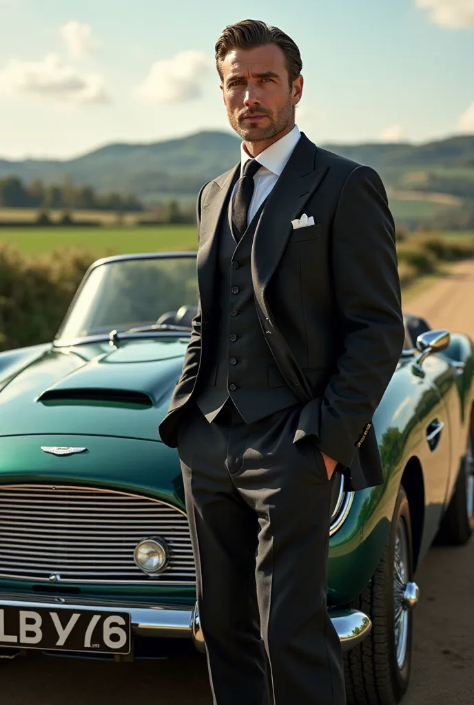 I want to generate a picture of a man.. with face of photo i give.. a man standing in front of his aston martin v12 speedster