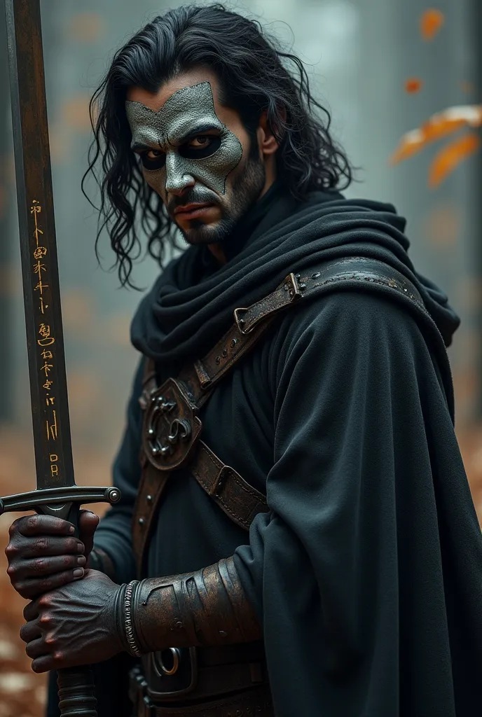 create a man in his 17s he has a mask that looks like a monster he has a sword witch has weird runes in it his hair is black like his eyes and its Image size: up to 5M
Format: .JPG, .JPEG, .PNG
No watermarks