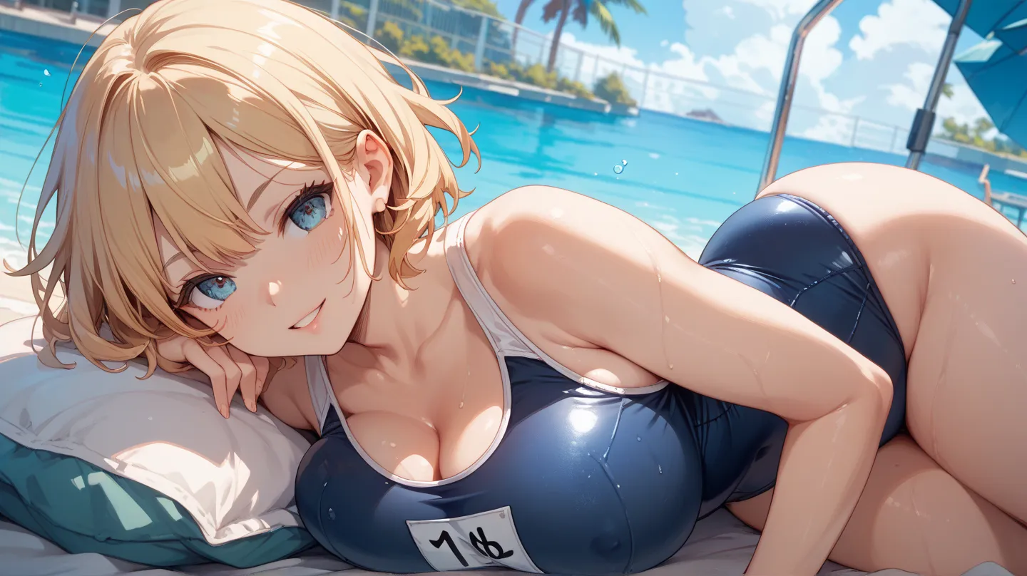 Blonde Shorthair Girl、draw a girl with big breasts、 short hair、school swimsuit、