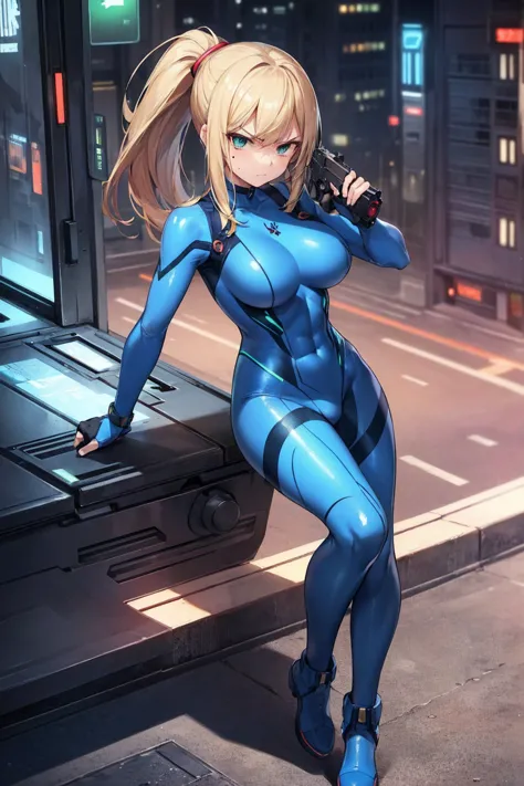 masterpiece, best quality, integrated scenery, integrated background, extremely delicate and beautiful, meticulous details, good composition, , cute face, perfect face, perfect hands,  1girl, Samus Aran (\Metroid\) ,solo, ponytail, blond hair, (blue_metall...