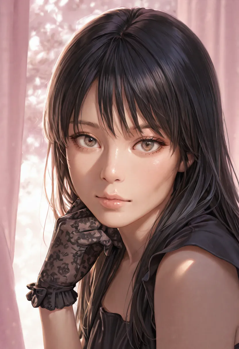 photorealistic, lip gloss, realistic, best quality, Ultra High Resolution, Depth, pastel colors, natural shade, focus on your face, Only the face, staring at the viewer, long hair,   black hair, Brown detailed eyes, black dress,  gloves, anatomically accur...