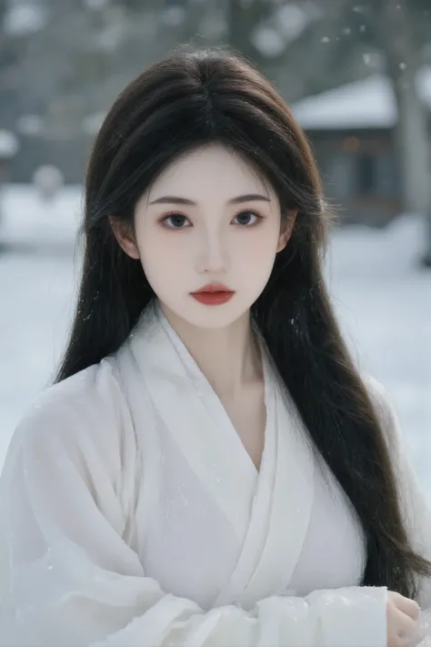 8k, RAW photos, top quality, masterpiece: 1.2, ultra detailed, full body shot, The snow woman from a Japanese folk tale stares at the camera, Beautiful, sad, grudge-filled expression, Frozen white, fine skin, seductive beautiful eyes, a very detailed nose,...