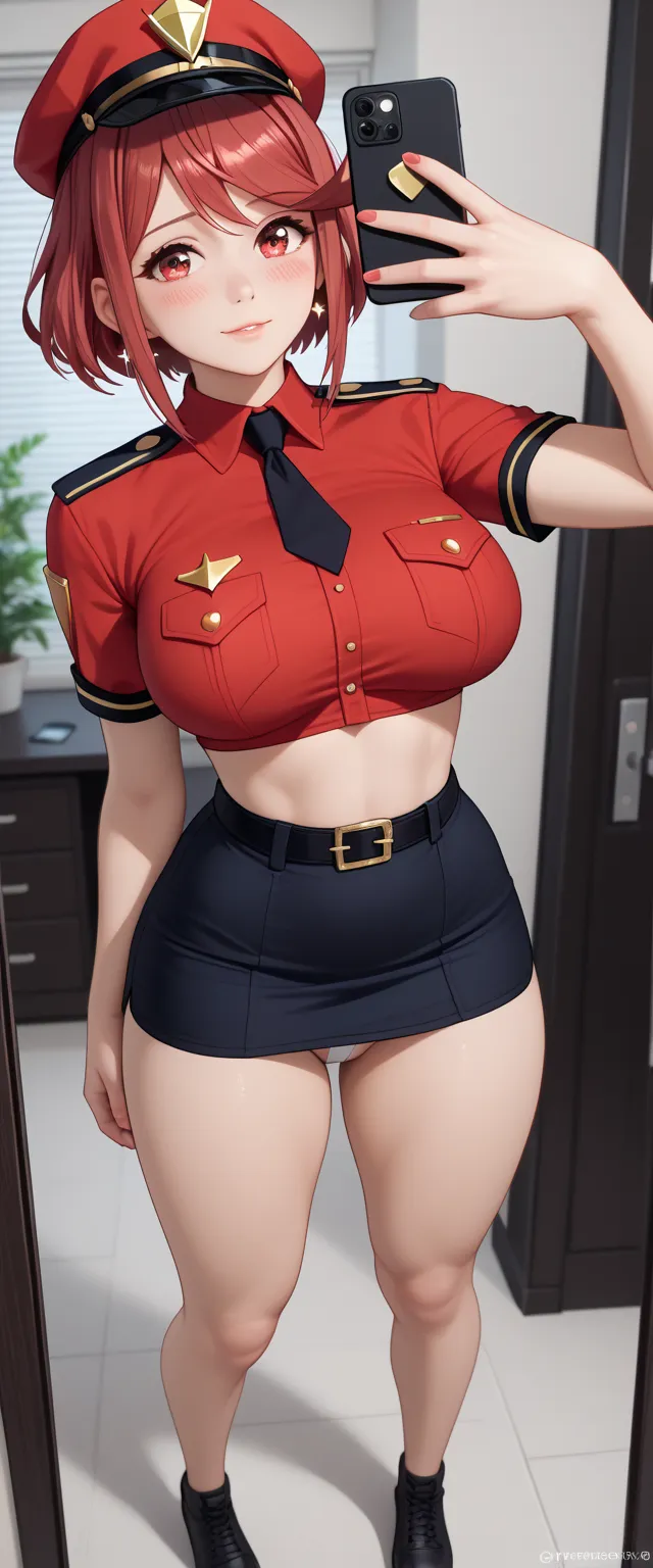 has, perfect lighting , beautiful and detailed eyes , (( masterpiece, 22 years old Best quality )) masterpiece, 4k, ultra detailed, cosplay de pyra, of foot, crystalline red eyes, Shiny hair, blushed , slightly large thighs, Slightly wide hips , looking at...