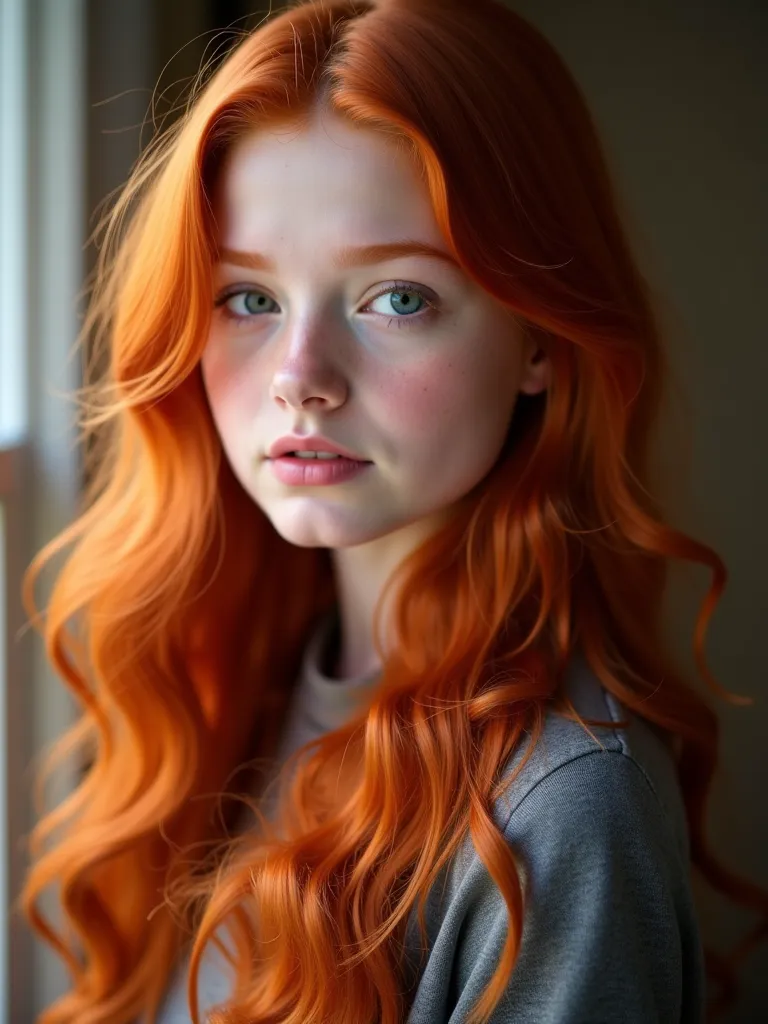 full length photo of a cute 20 year old cute redhead, red long wavy hair, looking at the camera, full face, looks modest,  calm,  gentle, cosy,  warm light, beautiful background, high quality, 8k, HDR, professional photography, detailed portrait, photoreal...