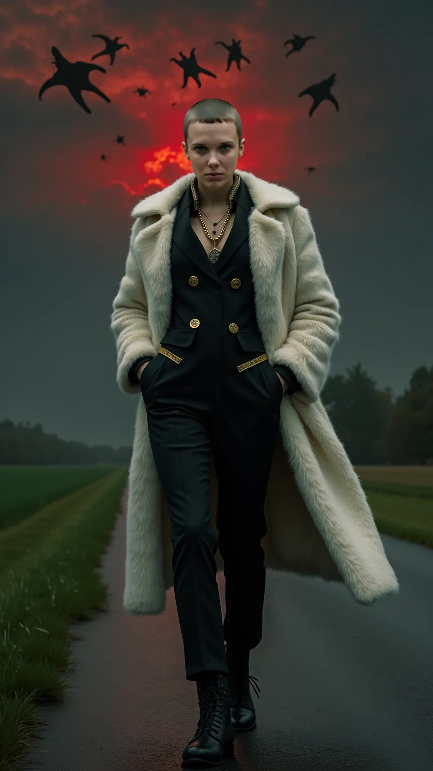 Eleven (Our) — The Crime Boss
Eleven dressed like a gang boss, wearing a black suit with gold details, black leather boots and a white fur overcoat. Her hair is shaved and she has a tattoo of the number “011” on her temple. She is walking on an asphalt str...