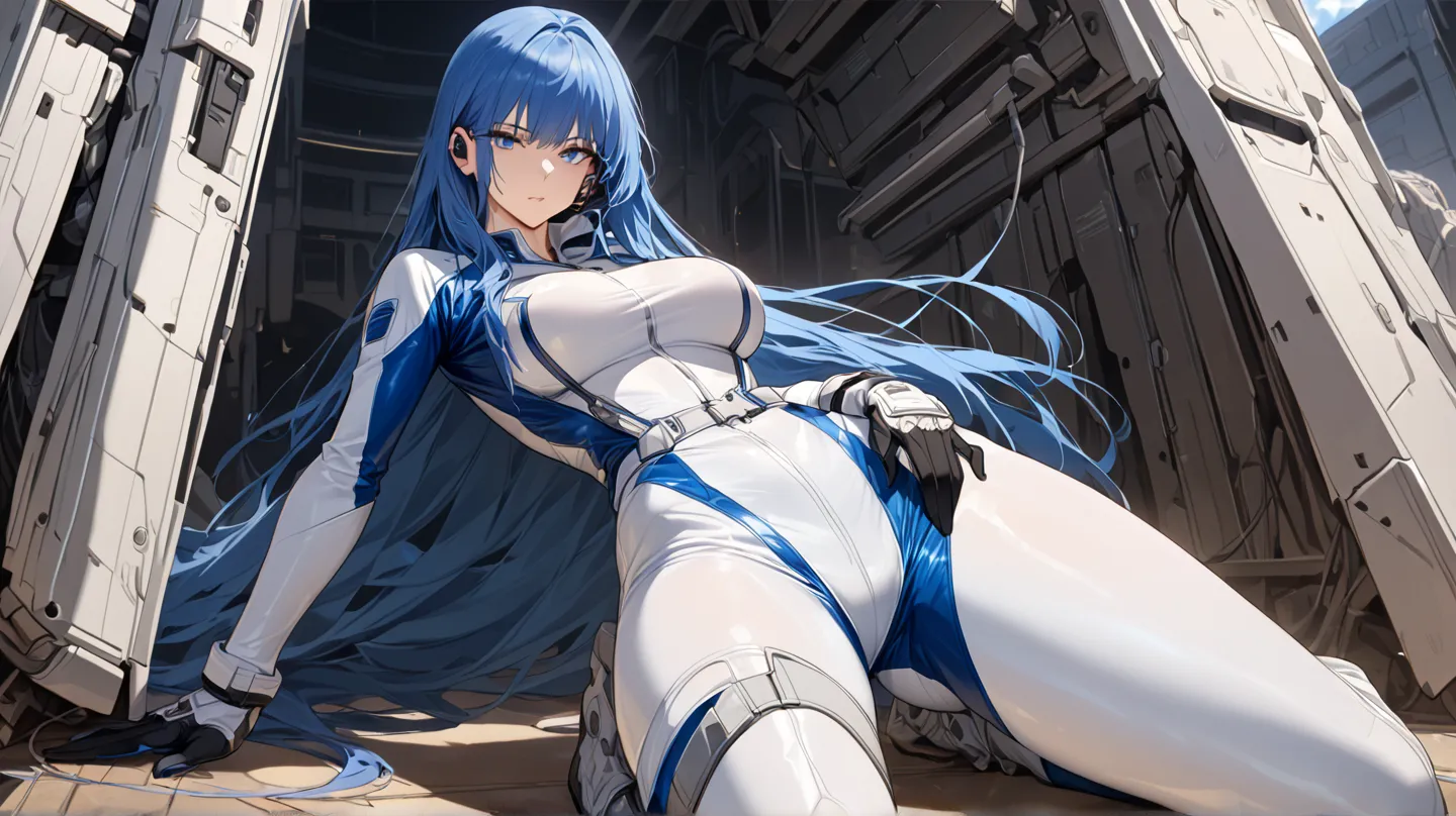 ( masterpiece, highest quality, highest resolution, unique_image,  detailed details ): (alone, Lonely girl, The face of the god of beauty, Blue hair girl,  long hair, Overall body shape, Full breasts, sparkling blue eyes, metallic white and blue flight sui...