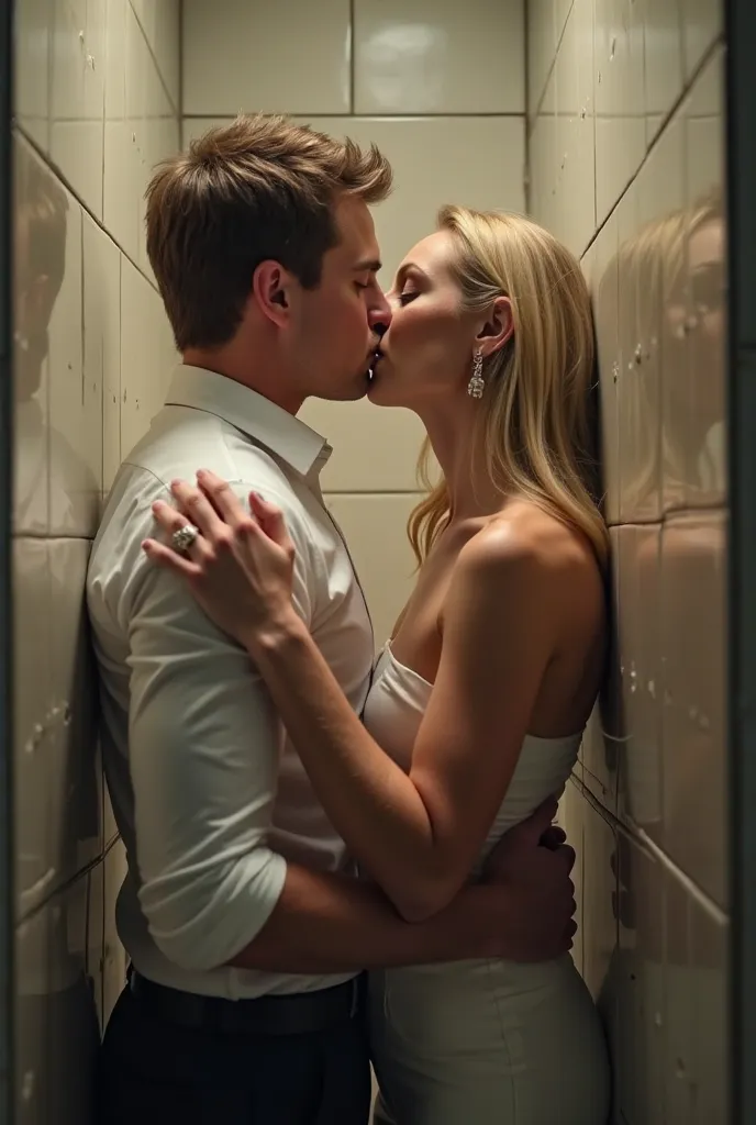   A handsome young man of about 22    , wearing a tight white shirt kissing a beautiful 30-year-old mature blonde woman,  Are you wearing a business dress ? . in a bathroom cubicle   .      She wears a wedding ring  .  tense atmosphere . Adrenaline . 