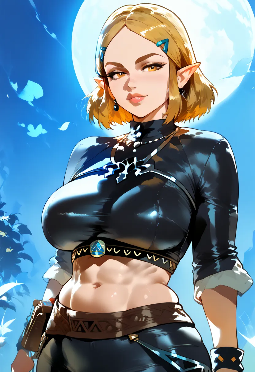 A voluptuous adult goth Zelda, showcasing large gorgeous breasts and a midriff, with a huge, round, stunning backside. Highly detailed masterpiece illustration, featuring volumetric lighting and warm colors reminiscent of golden hour. Fantasy art style, po...