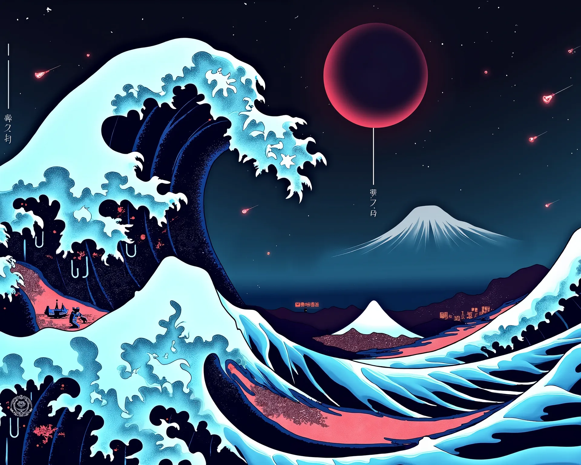 Ocean image with big waves and sky background, ukiyo-e, great wave of hokusai, Hokusai style, the great wave off kanagawa, night, night, Cyberpunk, cyberpunk, neon, neon 