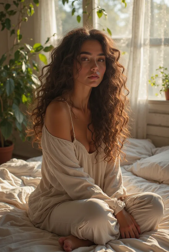 (photorealism:1.2), beautiful woman, sitting on bed, wearing loose off-shoulder top, pajama pants, long curly hair, indoors, soft lighting, plants in background, window with sunlight, cozy room, relaxed pose, realistic, intricate details, warm colors, by G...