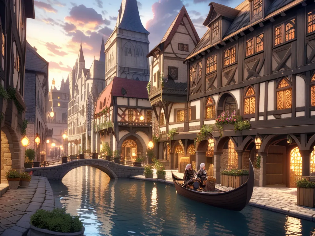 A beautiful fantasy city inspired by Venice。Built on a canal、and features stone bridges and medieval European architecture。city lights are reflected on the surface of the water、 creating a fantastic atmosphere 。The sky is clear、soft clouds float。NPCs and a...