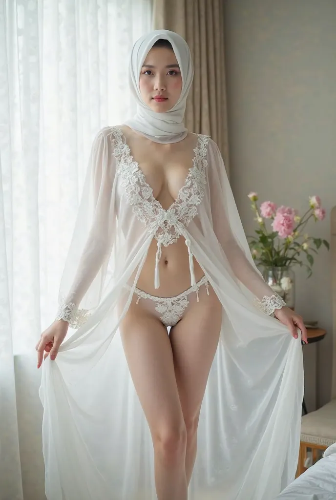  A beautiful young Indonesian pretty girl who is wearing white see through beautiful all unbuttoned muslimah long lace  abaya , unbuttoned long sleeve dress, beautiful soft makeup on her face, descent mixed from sundanese and javanese, wearing white lace  ...