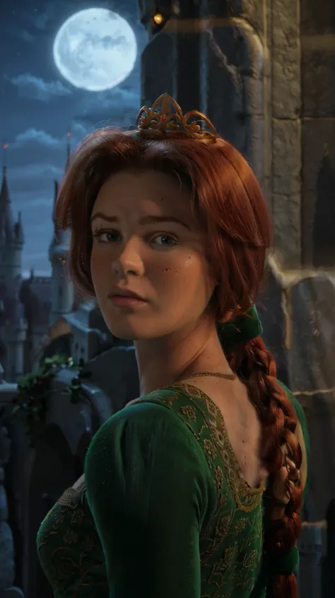 score_9, score_8_up, score_7_up, perfect face, perfect eyes, 1girl, solo, princess fiona, blue eyes, freckles, mole, pink lipstick, red hair, long hair, braided ponytail, crown, shrek 1 dress, green dress, long sleeves, mouth closed, its night , castle as ...