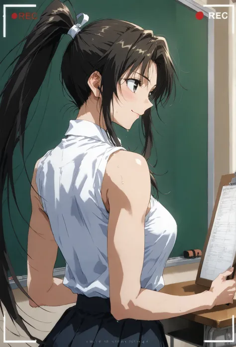 Age 25、  muscular、smile、 Standing at the podium、 explaining、 blackboard 、side view、 ( black hair、ponytail) 、School Classroom、、  Female Teacher、、beautiful 、、medium breasts、、masterpiece、best quality, , , , Steamy sweat,  ,   Narrow eyes、recording、recordingされ...