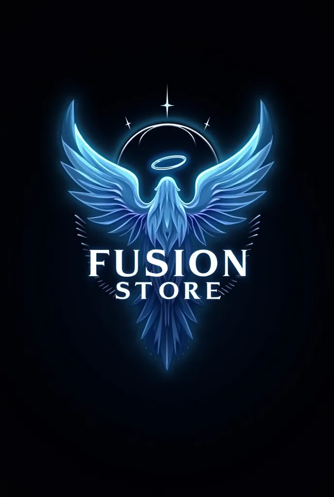 Create a Black Background Logo With Blue Details with the Archangel Angel Background With the Name Fusion Store