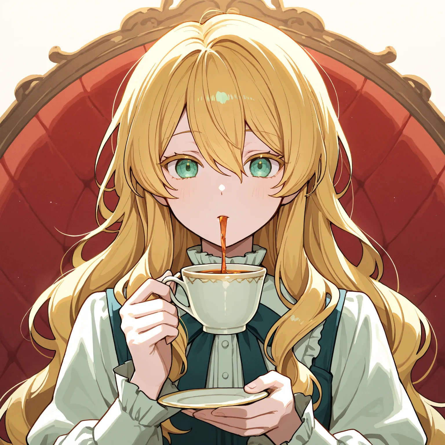 (Mountains of s, mountains of blood, piles of s, 1girl (blonde, long hair, vertical curls) drinking tea at tea time