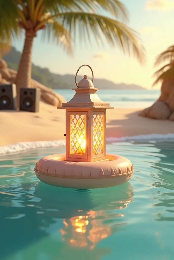 a lantern in a floatie with a beautiful sunny beach and a speakers on the sand