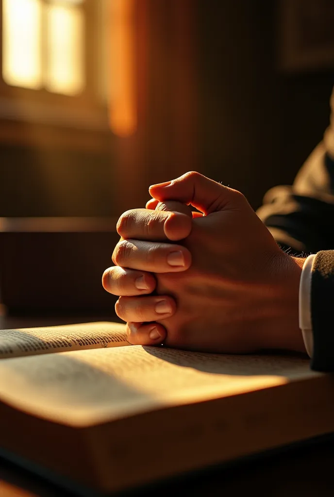 "Close-up of hands joined tightly over an open Bible, golden light streaming through a church window,  Drops of sweat on the forehead , intense facial expression (realistic style, textural details on skin and fabric, soft depth of field)."